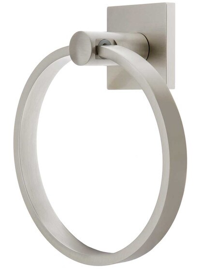 Modern Brass Towel Ring With Square Rosette in Satin Nickel.